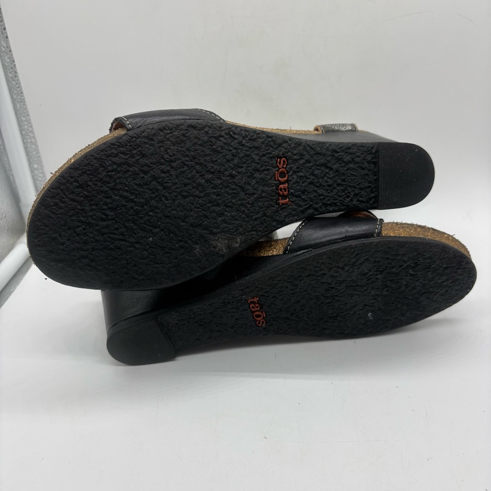 Taos Carousel Wedge Cork Sandal Black Silver Sz EU 37 US 6 Ankle Strap Comfort - Picture 7 of 9